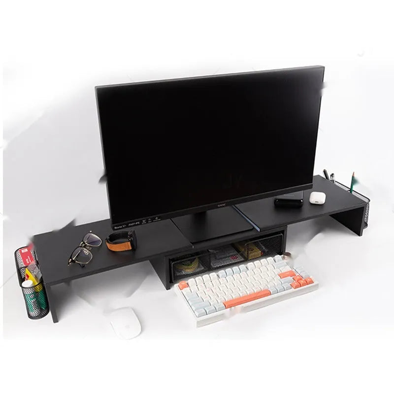 Dual-station desktop monitor rack in wood finish on a desk with laptops