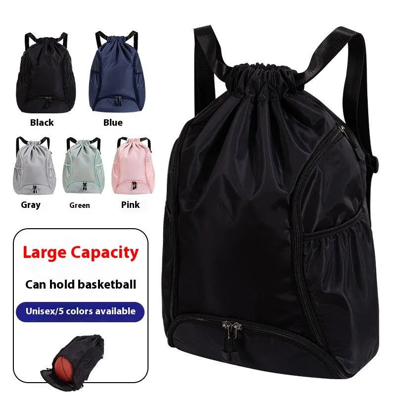 Large black cube-shaped sports backpack with drawstring closure for travel and fitness use