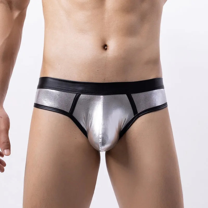 Men's gold polyester swim briefs with patent leather colour matching and low waist design