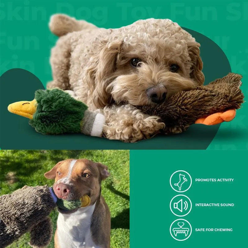 Green stuffless plush dog toy shaped like a wild duck with a squeaker in head and tail.
