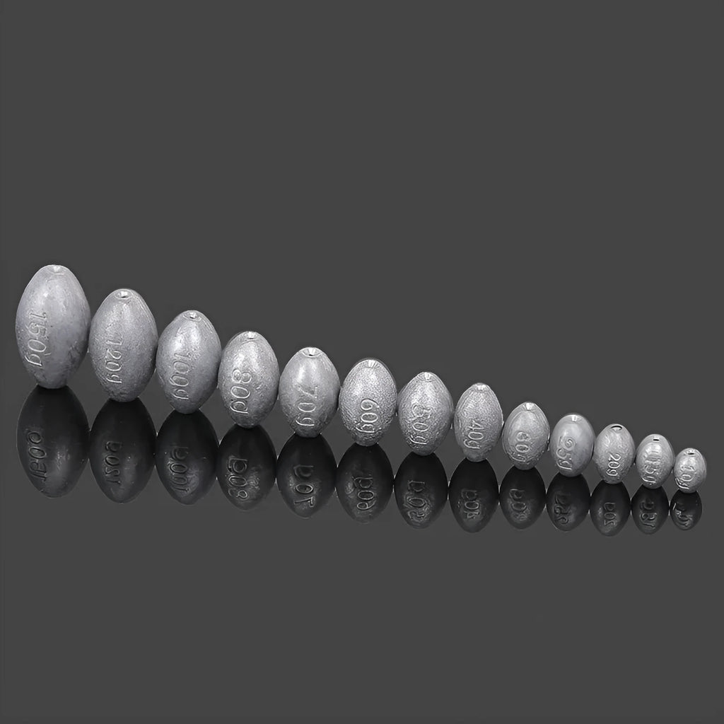 Tongxin lead fishing sinker with scale pattern, rugby shape, in weights from 10g to 150g