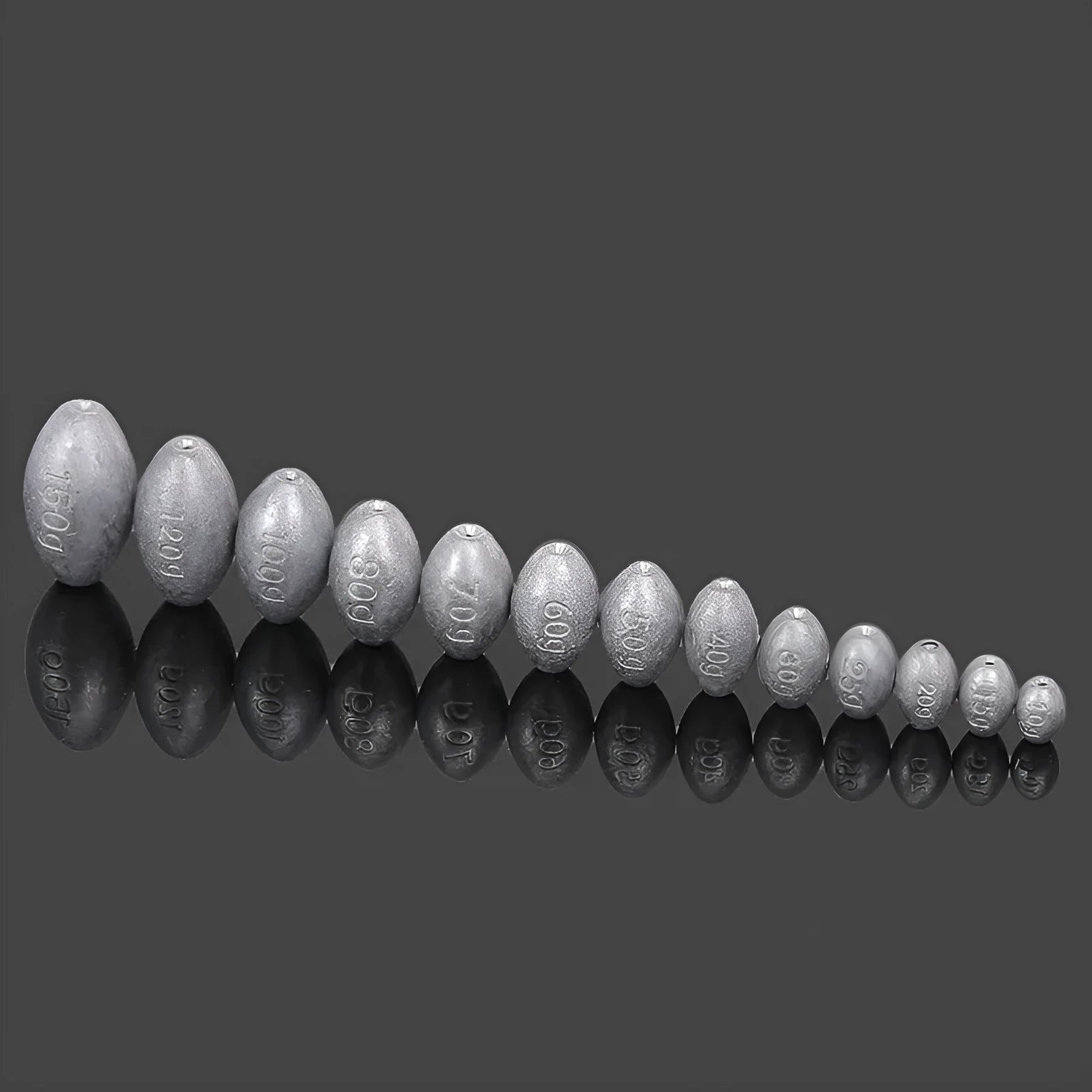 Tongxin lead fishing sinker with scale pattern, rugby shape, in weights from 10g to 150g