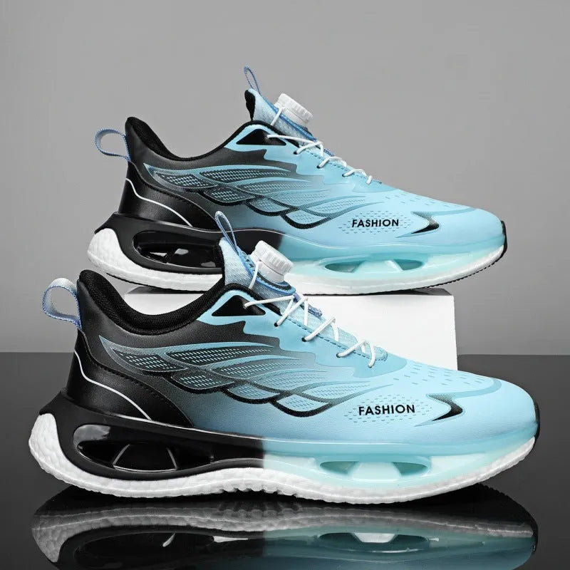 Low top youth sneaker with rotating button fastener in light blue, black, or white and blue colourways.