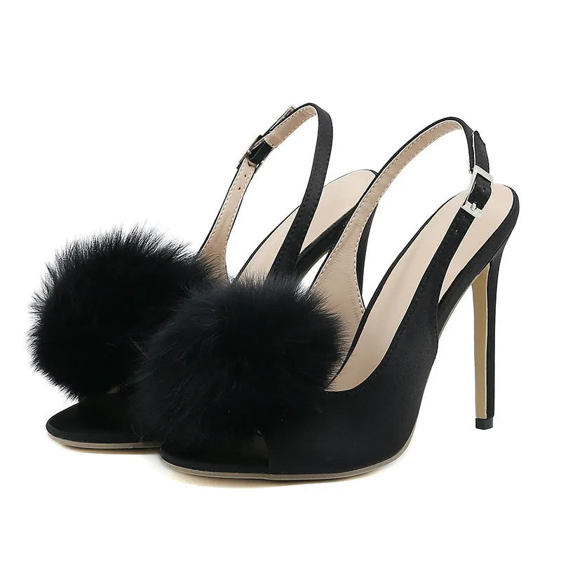 Women's high-heeled sandal with PU upper, fish mouth toe, and gentle hairy ball satin detail in black