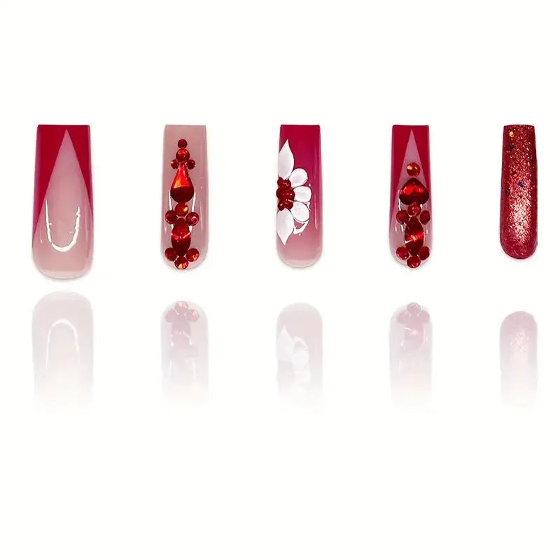 Sweet flower pattern fake nails with red prismatic diamonds in European square shape