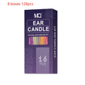 MQ Horn Colour ear candling kit showing 16 cotton cloth candles, protective boards, and cotton swabs