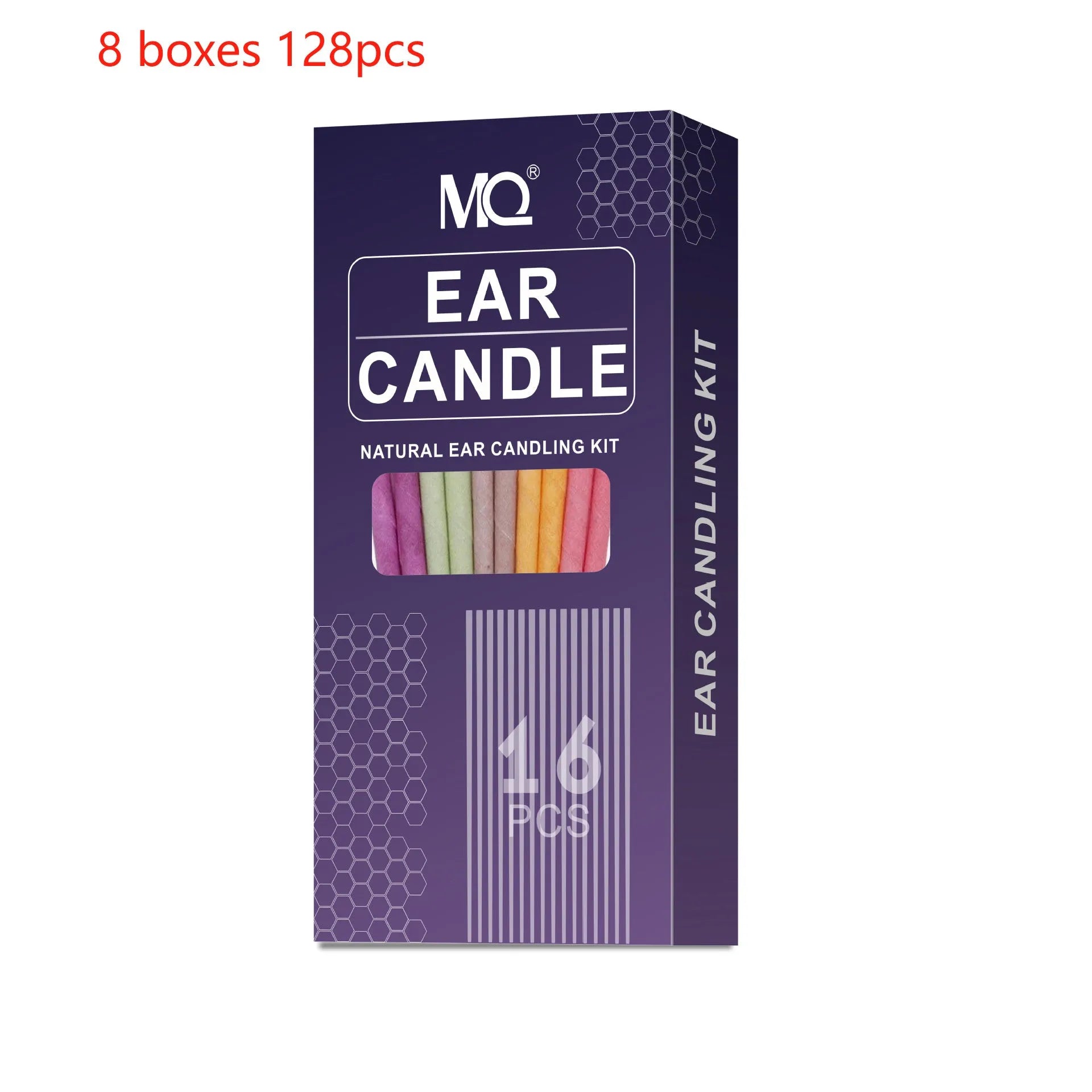 MQ Horn Colour ear candling kit showing 16 cotton cloth candles, protective boards, and cotton swabs