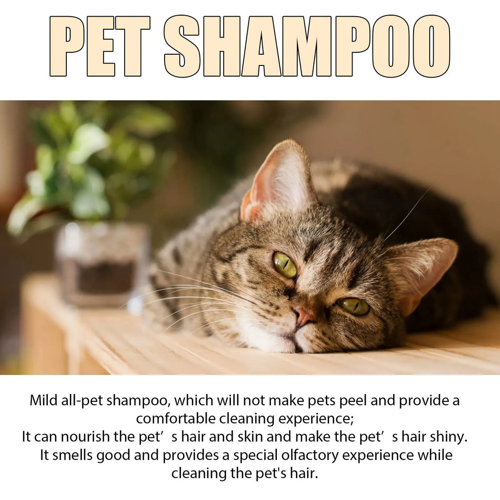 Bottle of mild pet shampoo for dogs and cats in 100ml and 300ml sizes for soft, tangle-free hair.