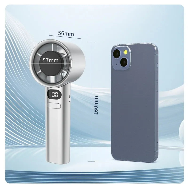 A handheld USB fan with 120 speed settings in green, khaki, silver, or white colour options.