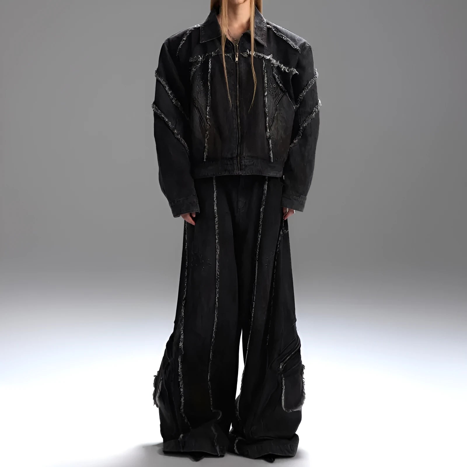 Loose fit distressed denim coat with splash-dye gradient pattern and matching black trousers