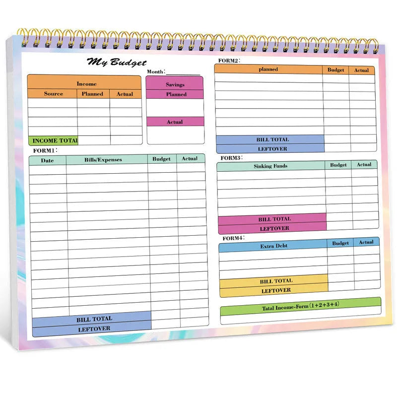 B5 size blue budget tally book with spiral binding, open on a table showing financial columns.