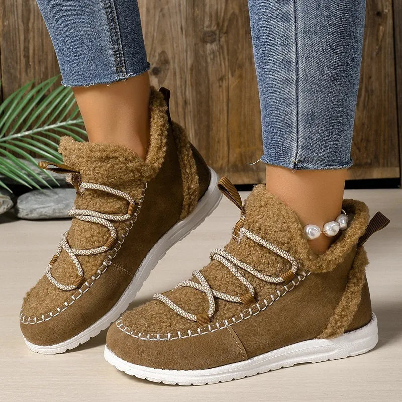 Women's mid-top snow boots in beige, black, and dark brown with cotton upper and PU sole