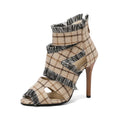 Denim plus size heeled sandals in leopard print pattern, size 38