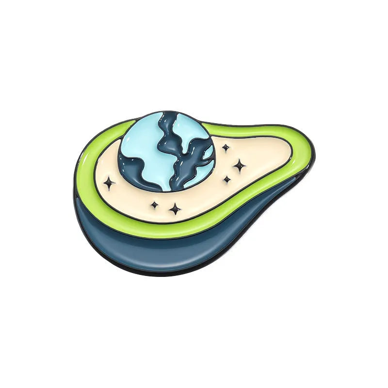 Close-up of a colourful cartoon fruit and letter design zinc alloy brooch pin.