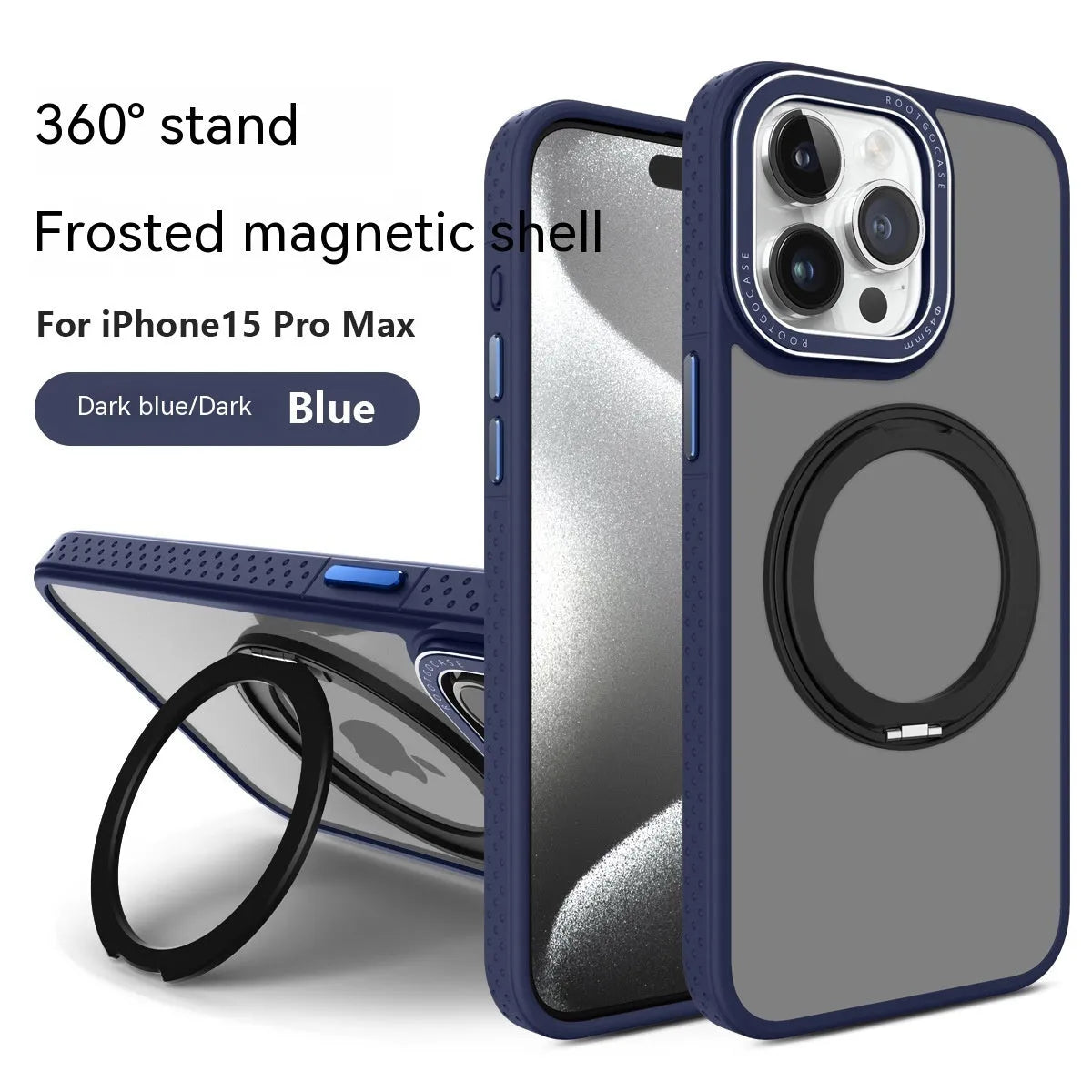 Black silicone phone case with rotary invisible bracket for iPhone, showing magnetic adhesive side and frosted finish