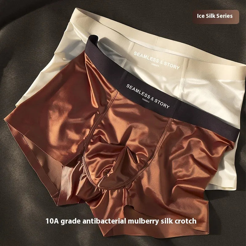 Men's ice silk underwear in mid waist design showing satin fabric texture
