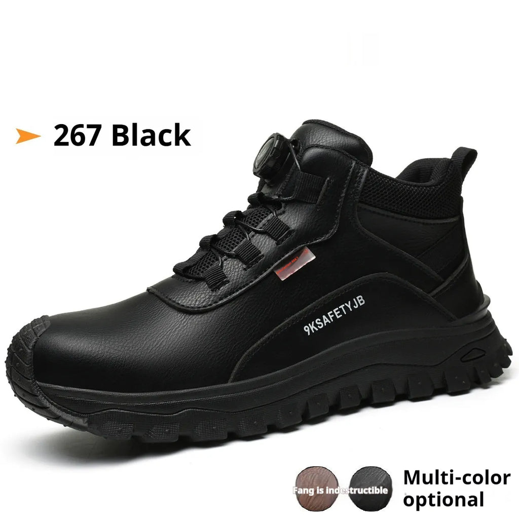 Leather safety work shoes with Flyknit construction and rubber sole in black colour