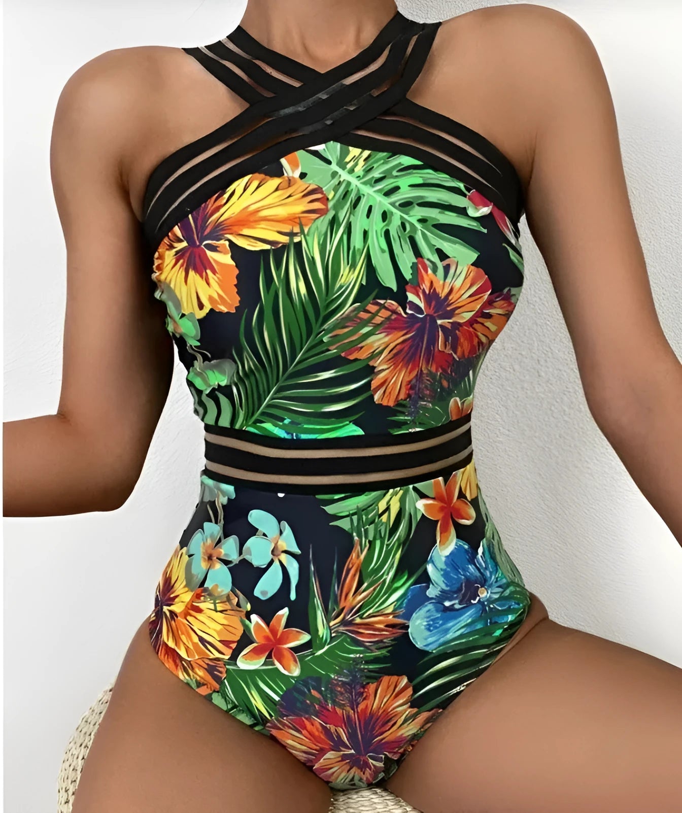 One-piece printed bikini women's swimsuit polyester waterproof black flower pattern