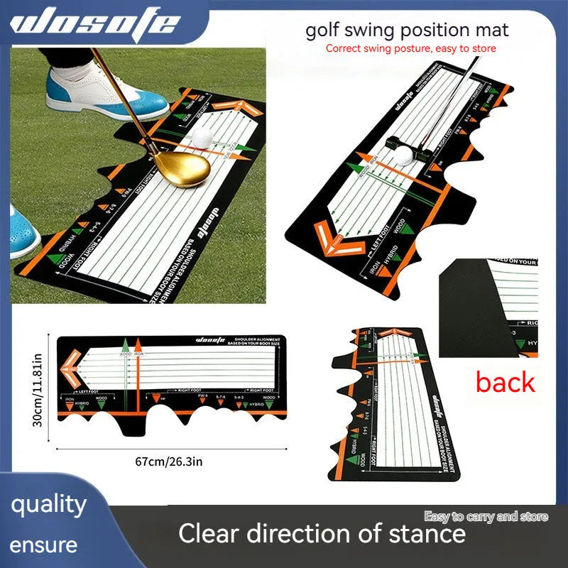 Black neoprene golf swing posture training pad on grass for stance alignment correction.