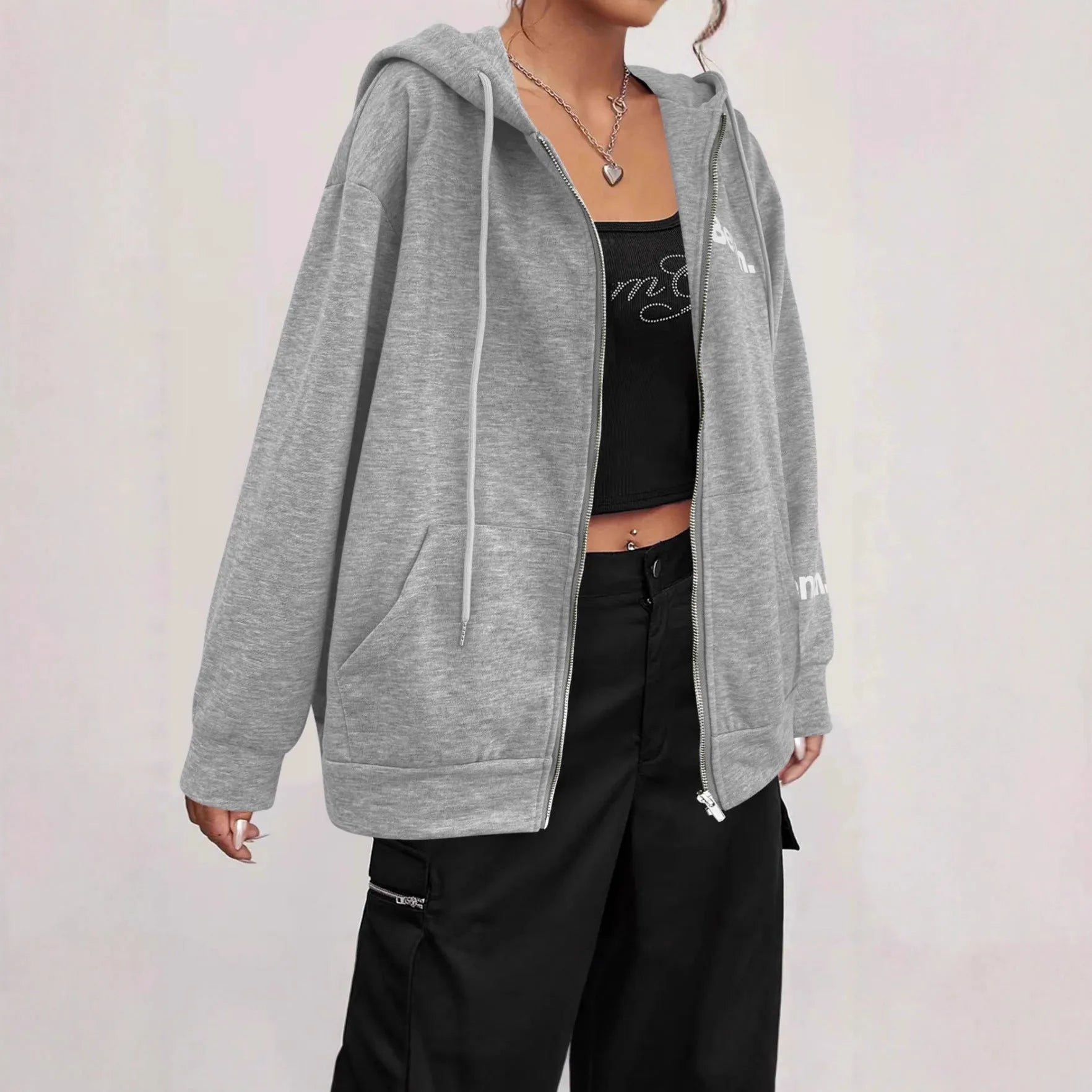 Loose fit grey polyester sweater coat with front zipper, hood, and letter print detail