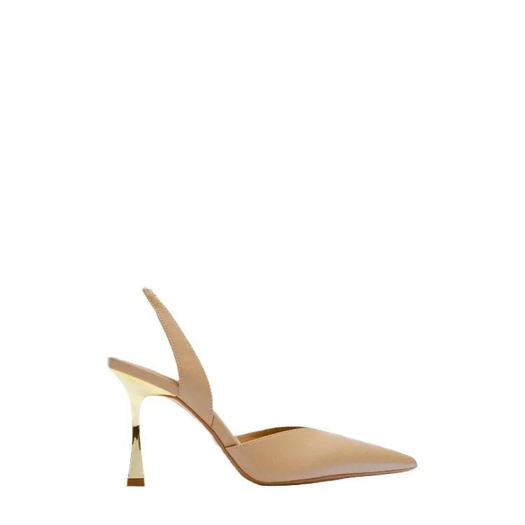 Apricot and black pointed-toe patent leather high heels for women with a shallow cut-out vamp.