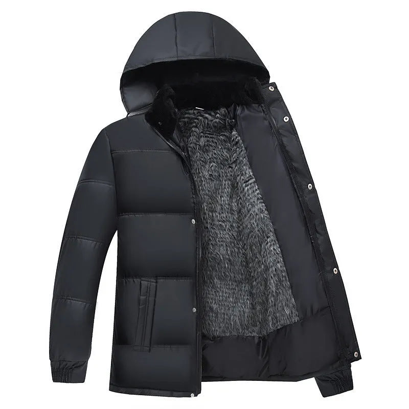Men's winter coat jacket with detachable hat in white, yellow, and gray, loose fit polyester outerwear.