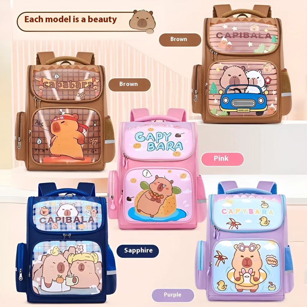 Capabala large capacity primary school bag with cartoon print, waterproof fabric, and air pillow belt in brown, blue, pink, or purple