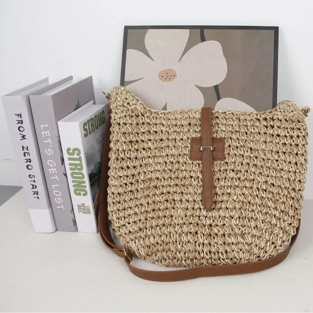 Handmade beige woven fashion bag with sandwich pocket and adjustable shoulder strap
