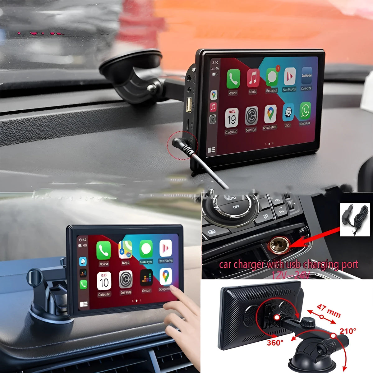 7-inch portable car smart screen navigator with wireless Carplay and Android AUTO display on dashboard