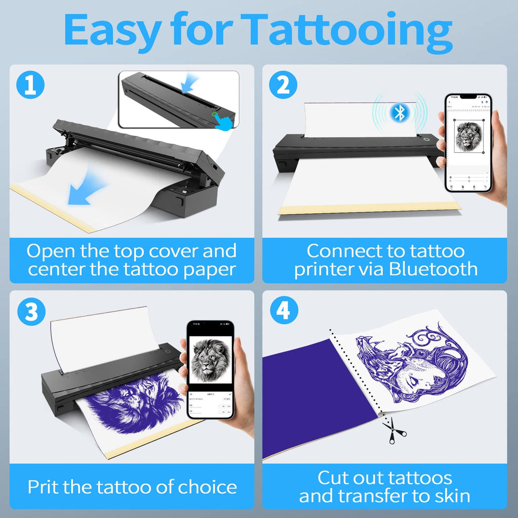 A4 Bluetooth portable mini thermal tattoo printer in D80 Black with USB and Type-C ports