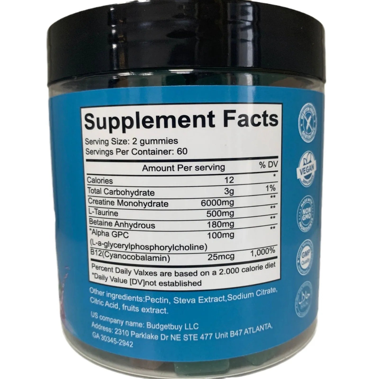 Bottle of raspberry flavoured creatine monohydrate gummy supplements containing 120 soft candies.