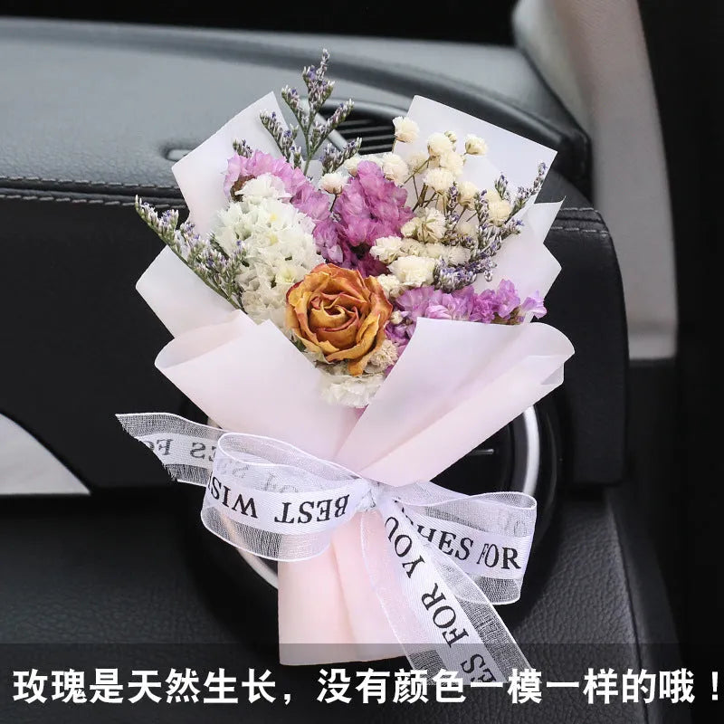 Car vent mounted dried flower bouquet decorative accessory in various floral styles