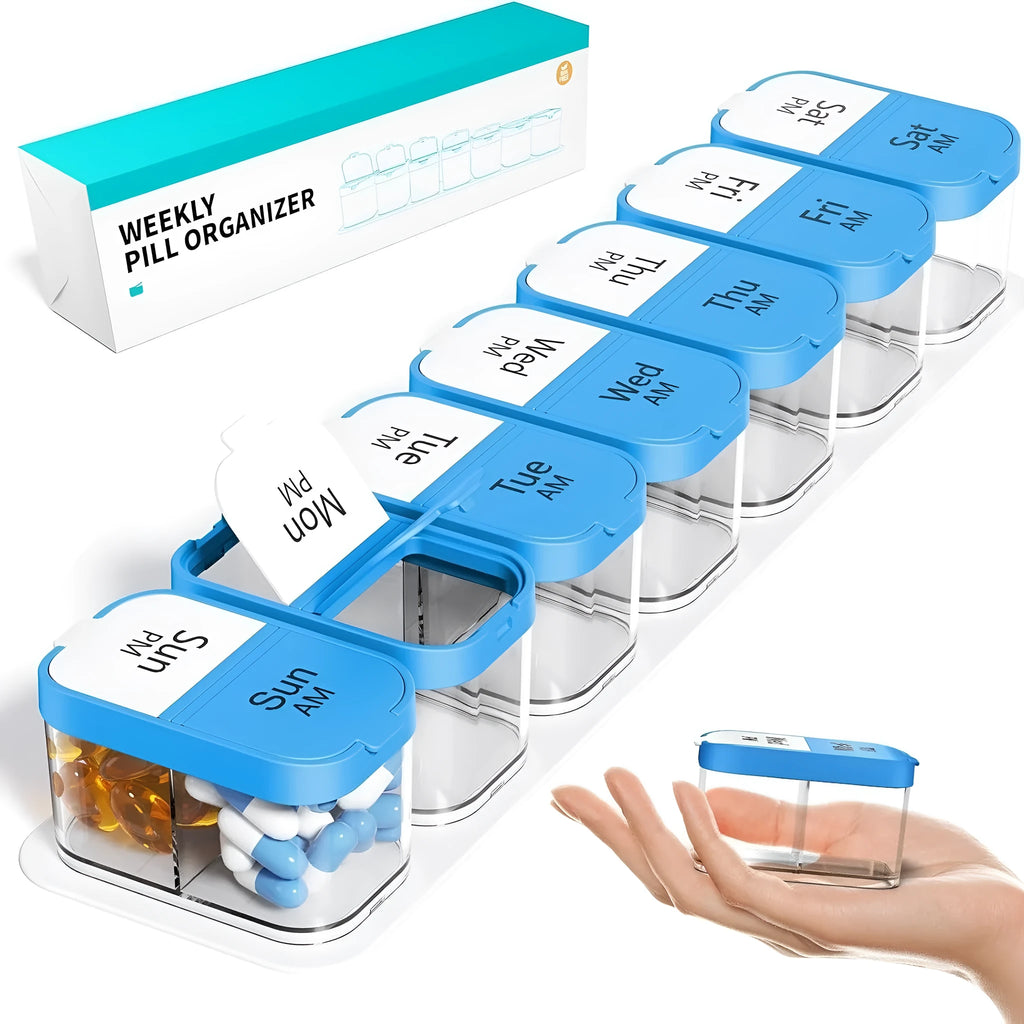 White and rainbow coloured large plastic pill box with 14 removable compartments next to detached single grid.