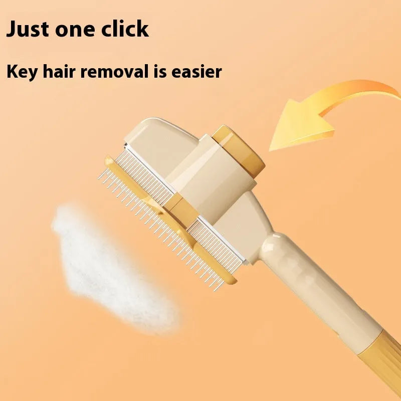 Yellow and green self-cleaning pet grooming comb with stainless steel teeth and release button