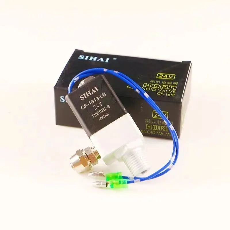 Black 12V 24V 300DB dual trumpet air horn and compressor kit for universal vehicle fitment.