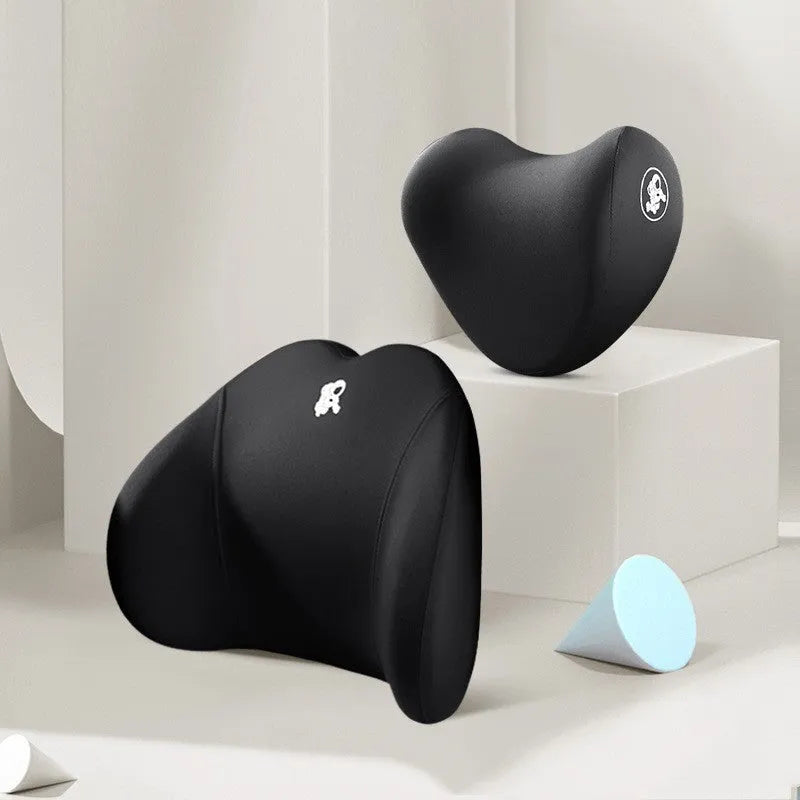 Heart-shaped car pillow set in various colours for lumbar and headrest support.