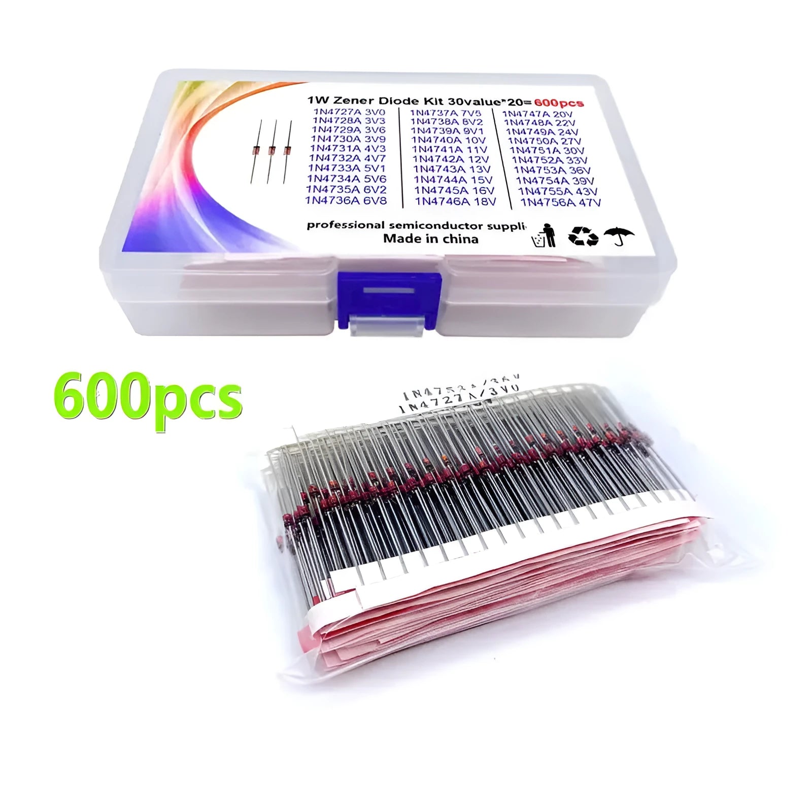 Boxed 1W Zener diode with 50V breakdown voltage for electronic circuits.
