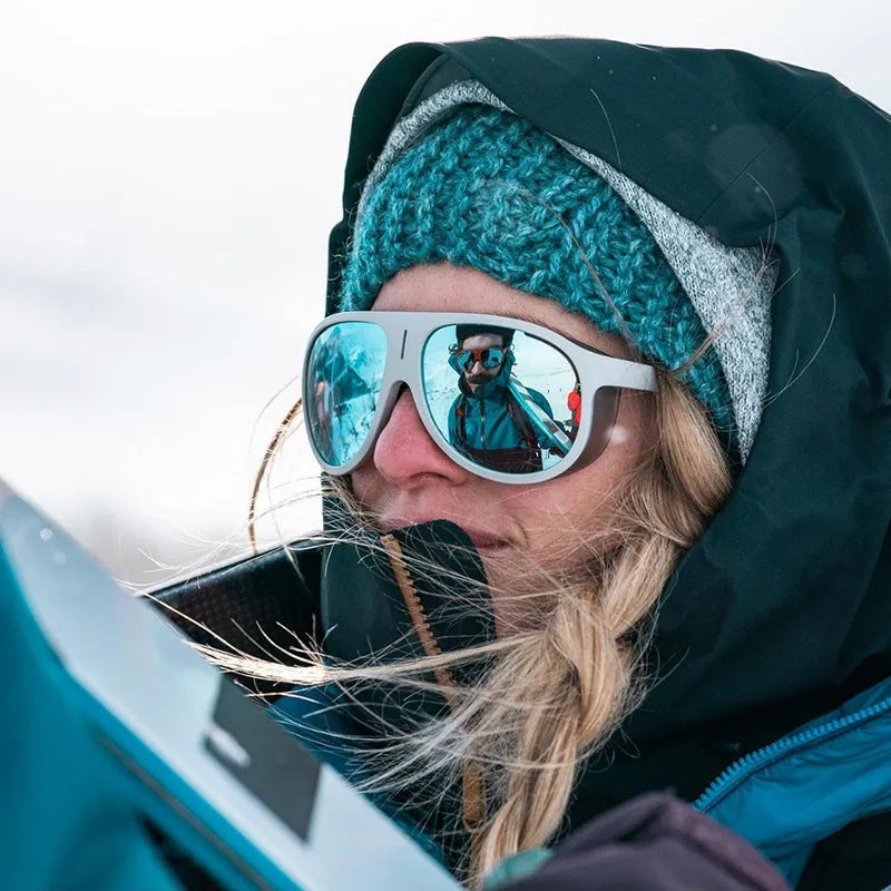 Large frame polarized sunglasses with TAC lens and PC frame for cycling and outdoor sports, shown in white frame gray piece