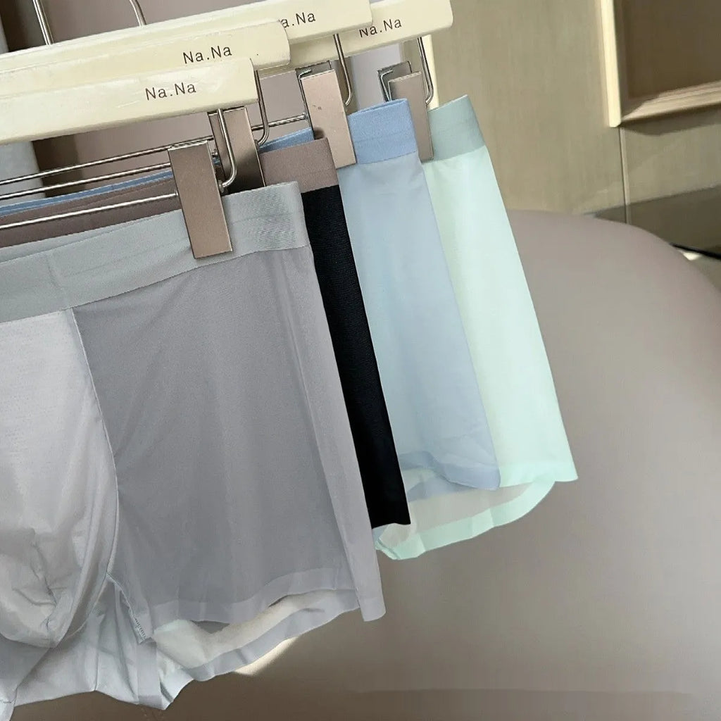Ultra-thin nude colour men's boxers with antibacterial honeycomb crotch in ice silk fabric.