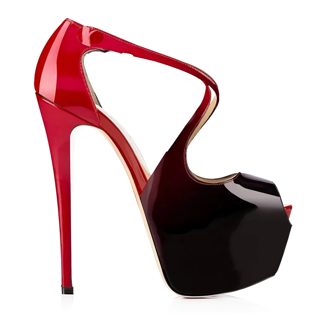 Women's black and red peep toe high heel shoes with a matching cross strap and a high rubber sole.