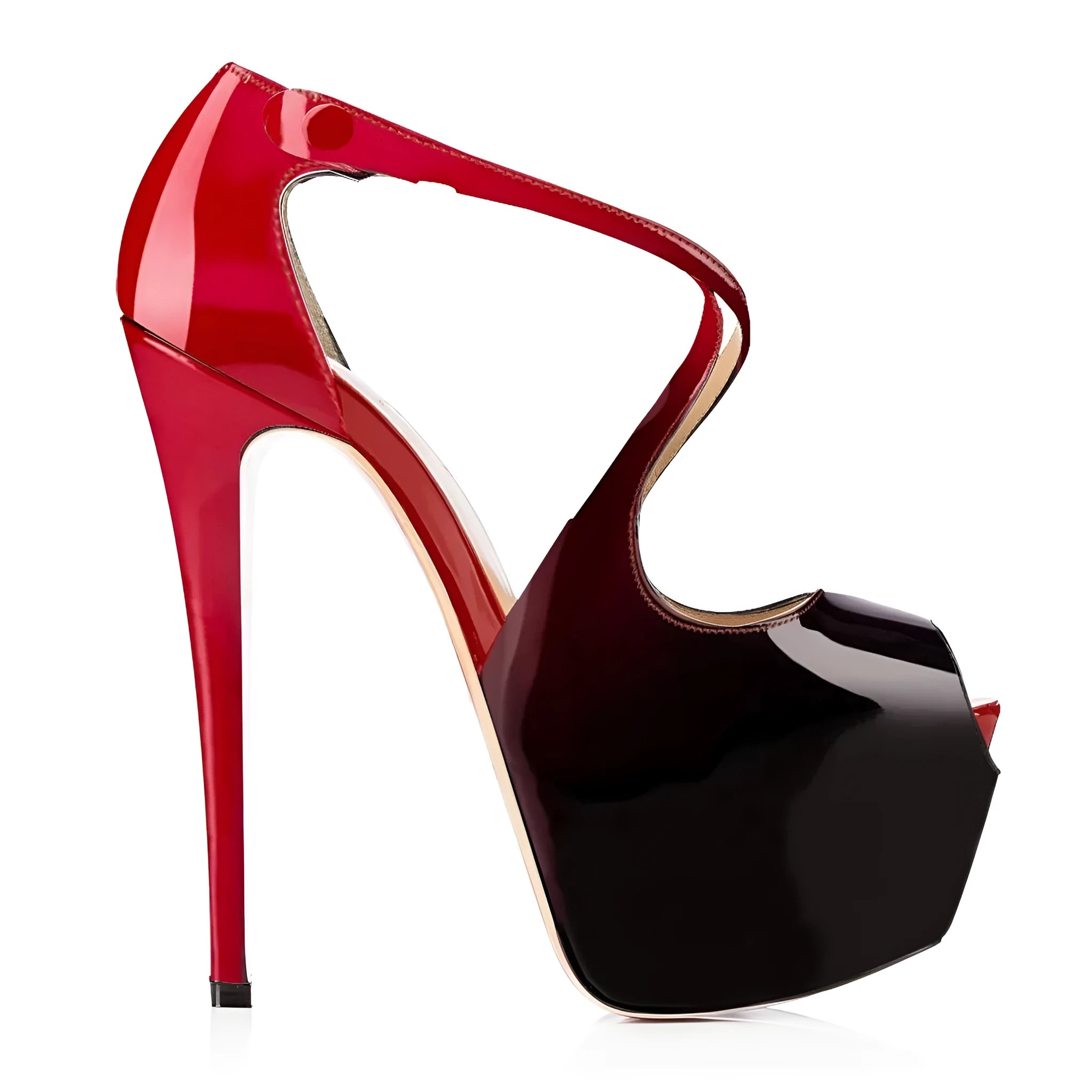Women's black and red peep toe high heel shoes with a matching cross strap and a high rubber sole.