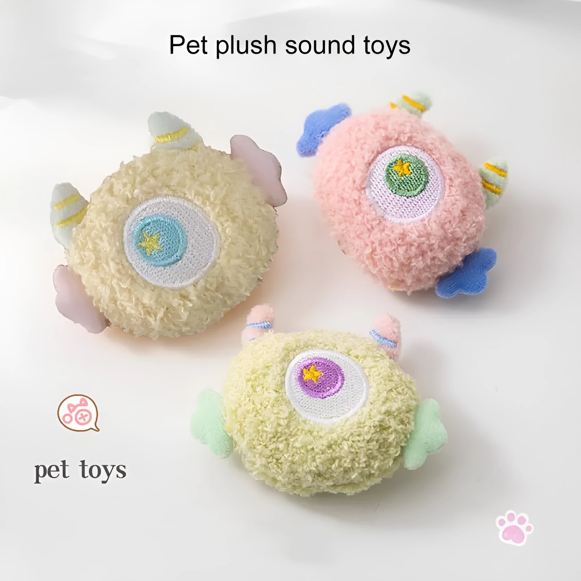 Plush cartoon-shaped dog chew toy with squeaker in assorted colours on white background