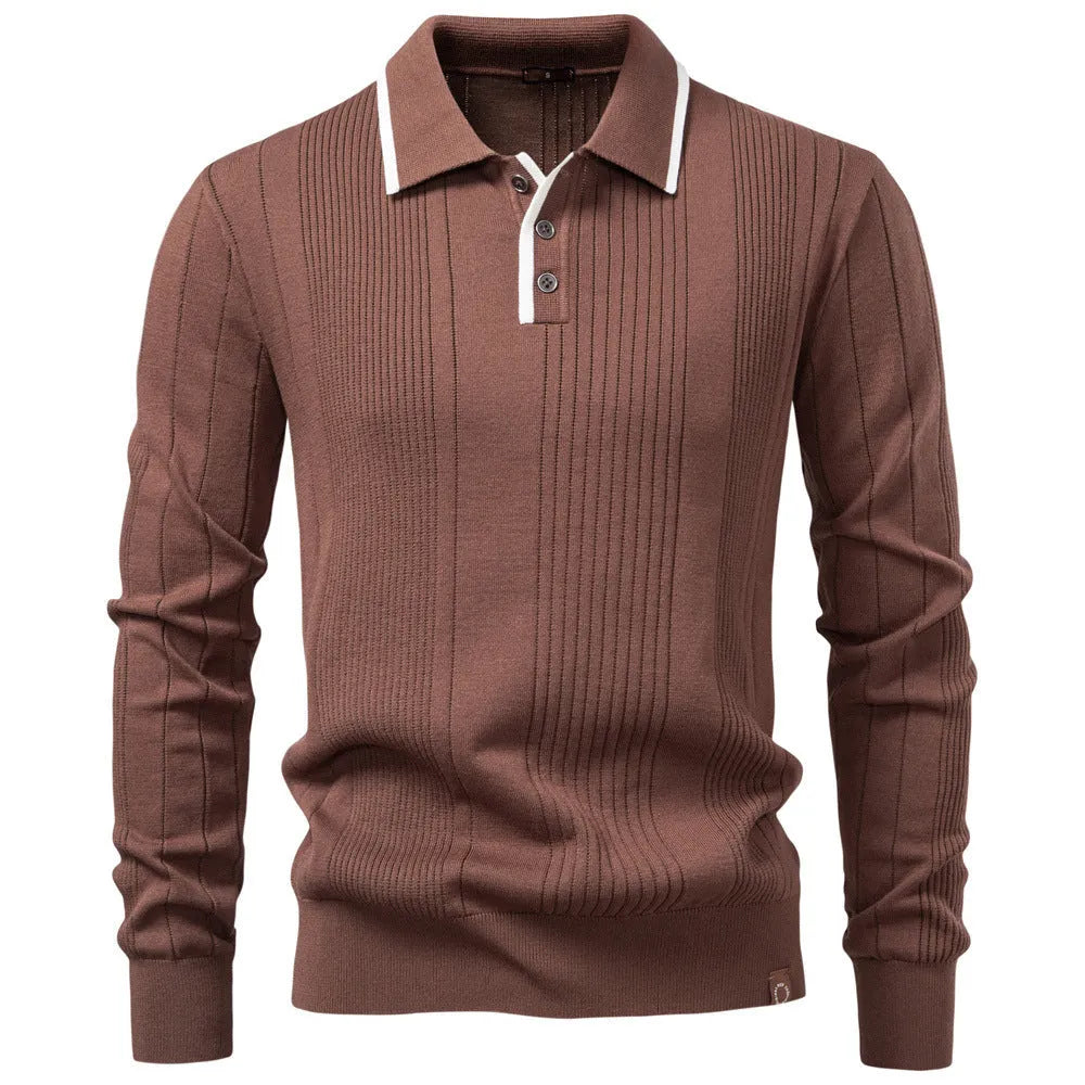 Men's knitted sweater with lapel zipper, long sleeves, dark blue, viscose blend pullover