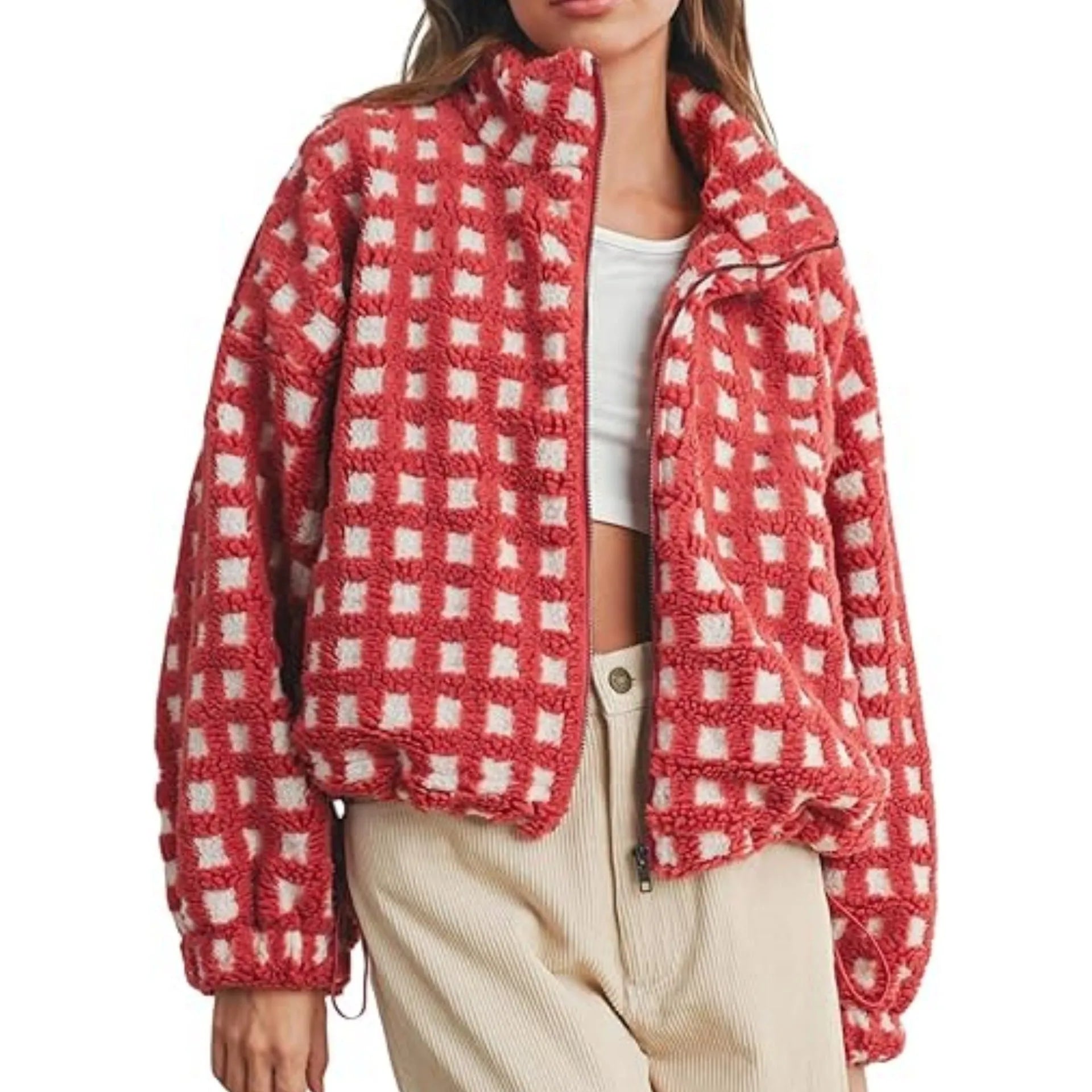 Women's anti-blowing lamb wool plaid casual jacket in red plaid, loose fit, polyester fibre