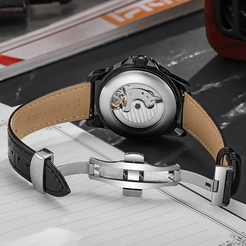 Men's black or white automatic watch with luminous hands on a steel or leather strap.