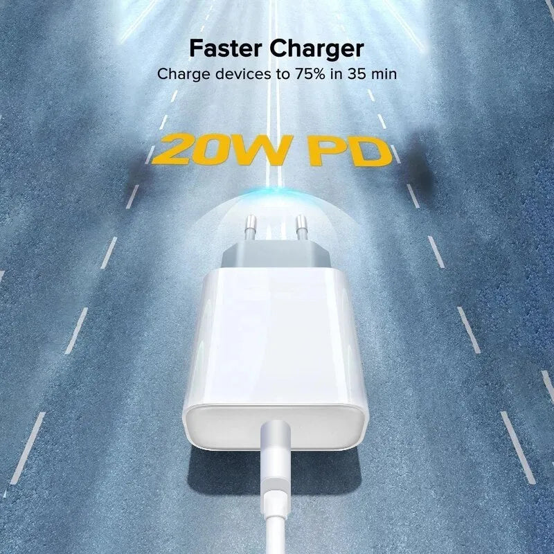 White 20W mobile PD charger with Type-C interface showing international plug compatibility