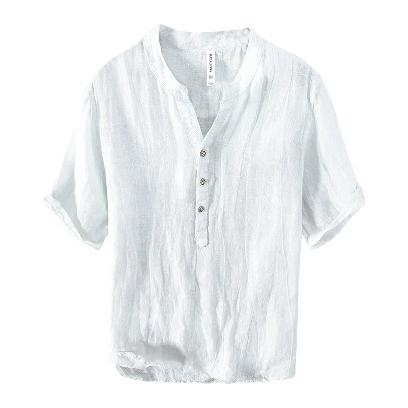 Retro-style solid colour linen pullover top with short sleeves and a striped pattern.