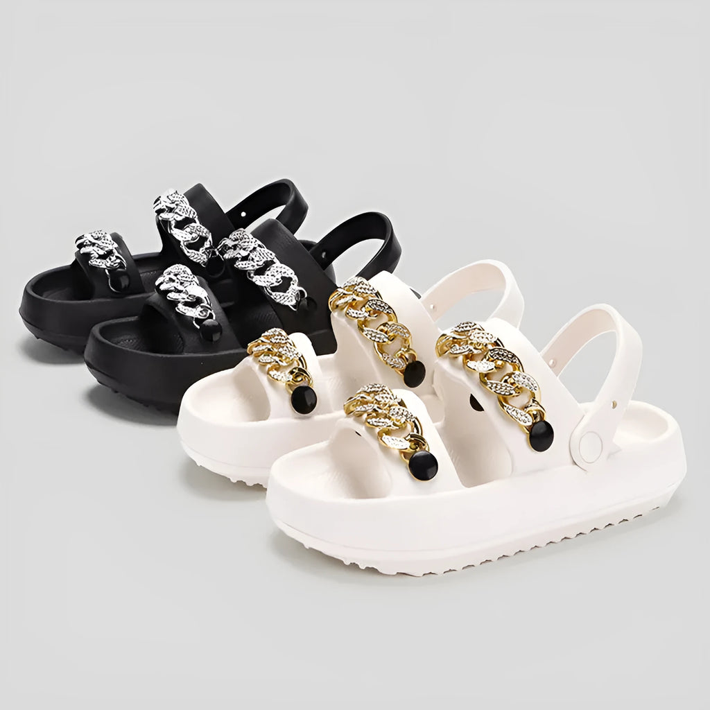 Women's thick-soled EVA slippers with buckle fastening and round toe, in black or beige, for indoor and outdoor wear.
