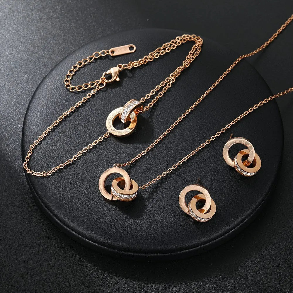 Women's Titanium Steel Double Ring Necklace Stainless Steel O-Link Chain Versatile Steel Grey Electroplated Finish 21-50cm Adjustable Circumference