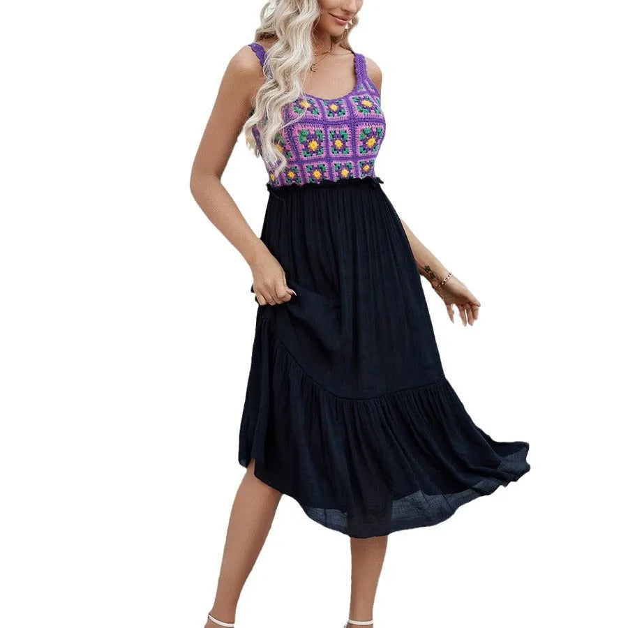 Purple women's sleeveless dress with hand hook flower stitching on cotton blend fabric, acrylic skirt.